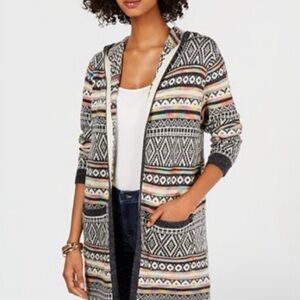 Monteau Intarsia Knit Hooded Duster Cardigan Size Medium